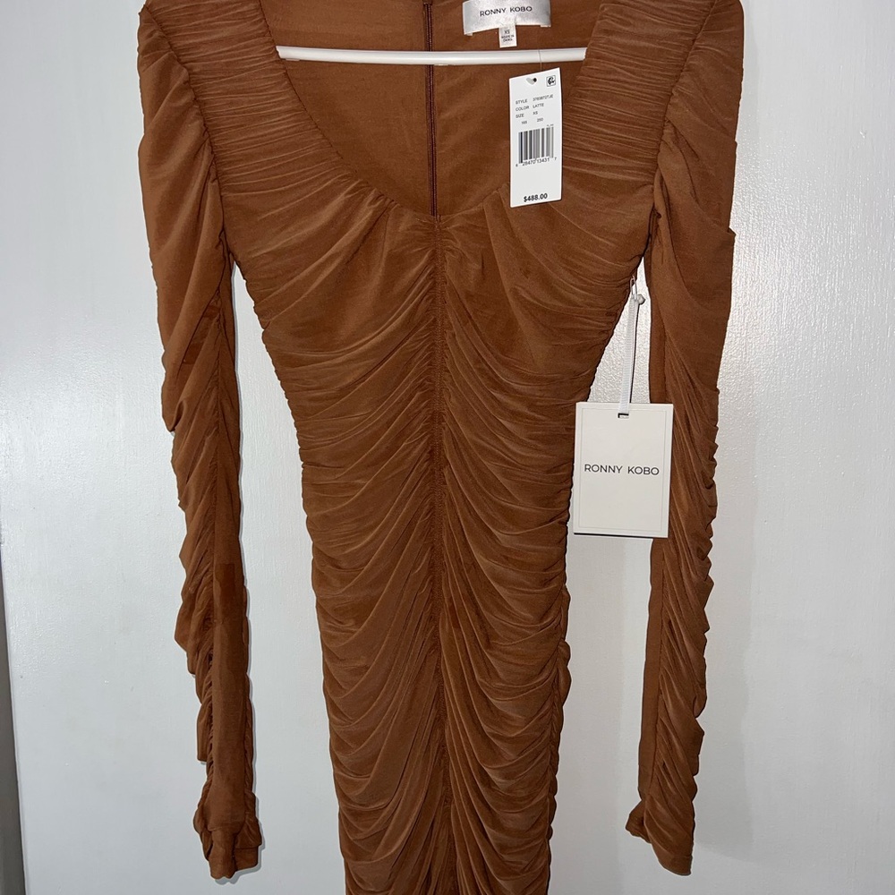Ronny Kobo Collection Long Sleeve Ruched Dress in Brown
